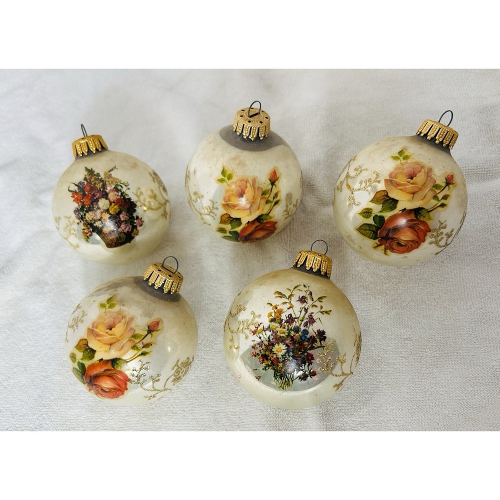 (5) Vintage Krebs‎ Victorian Rose Floral Globe Christmas Ornaments Gold STUNNING